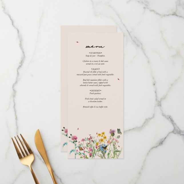 Menu Mariage de Fleur sauvage d'aquarelle Jardin & Inse (Devant/Arrière en situation)