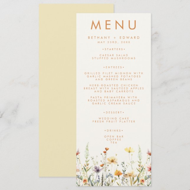 Menu Mariage de Fleur Sauvage Rustique (Devant / Derrière)