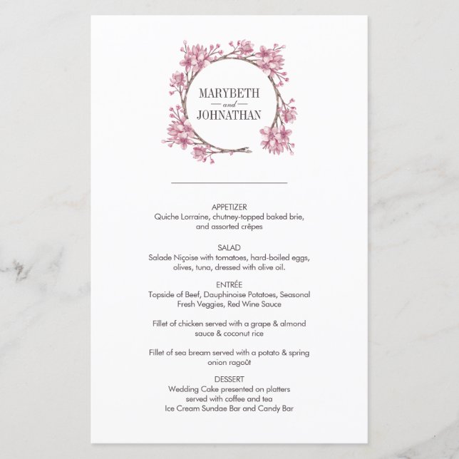 Menu Mariage de fleurs de cerisier rose (Devant)
