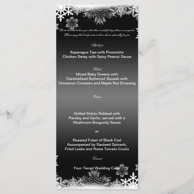 Menu Mariage de flocons de neige noir et blanc (Devant)
