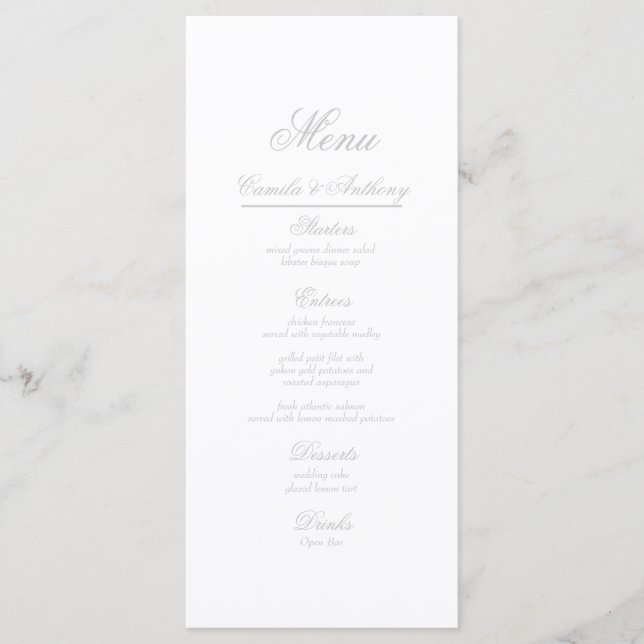 Menu Mariage de frontière florale argent (Devant)