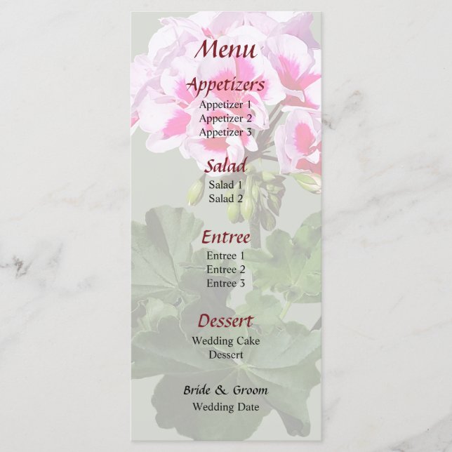 Menu Mariage de géranium rouge et rose (Devant)