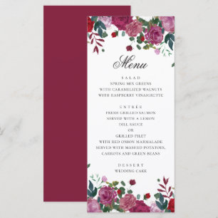 Menu Mariage de jardin floral pourpre burgundy. Roses p