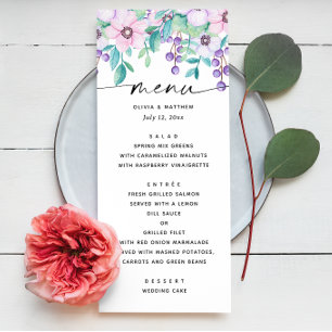 Menu Mariage de jardin floral rose violet aquarelle