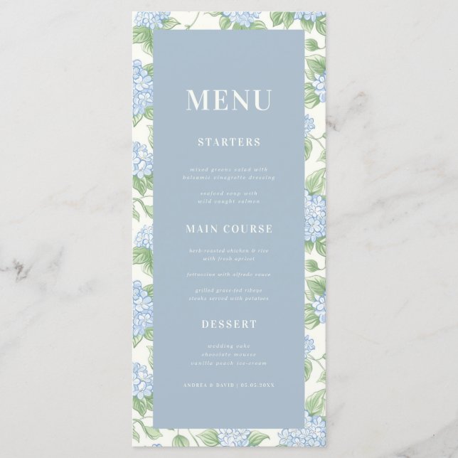 Menu Mariage de jardin floral vert sauge et bleu Hydran (Devant)