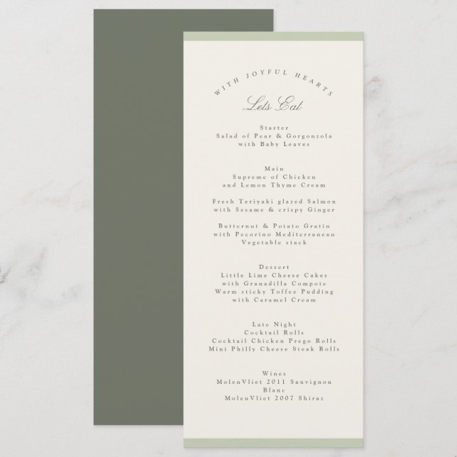 Menu Mariage de Jardin Pistache Douce (Devant / Derrière)