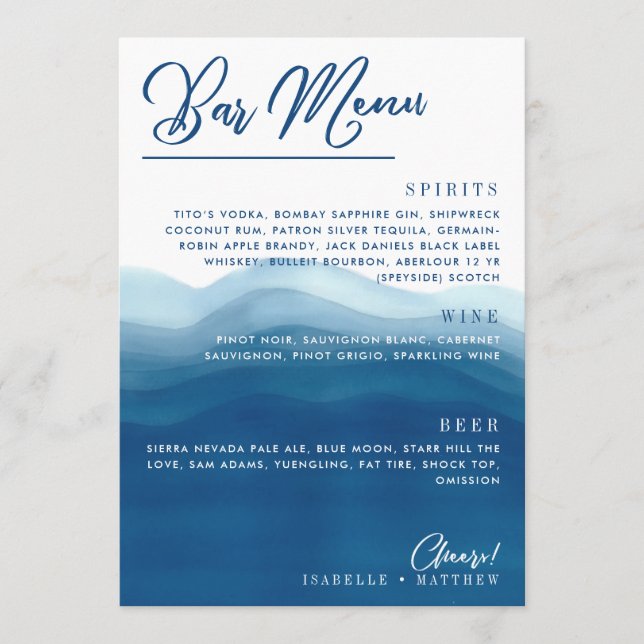 Menu Mariage de la barre d'onde bleu aquarelle (Devant)