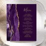 Menu Mariage de la platine d'agate d'or violet bud<br><div class="desc">Le bord gauche de cet élégant menu mariage moderne comporte une bordure d'aquarelle violette ornée d'une parties scintillant en faux or. Le texte personnalisable combine un script d'écriture manuscrite de couleur or et des polices de cuivre sur un arrière - plan de prune. L'envers est assorti d'une agate violette et...</div>