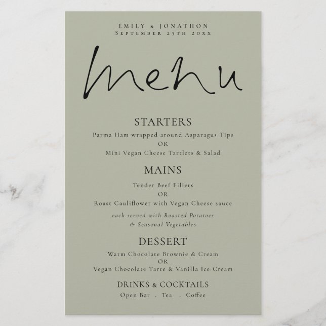 Menu Mariage de la taille douce du script élégant  (Devant)
