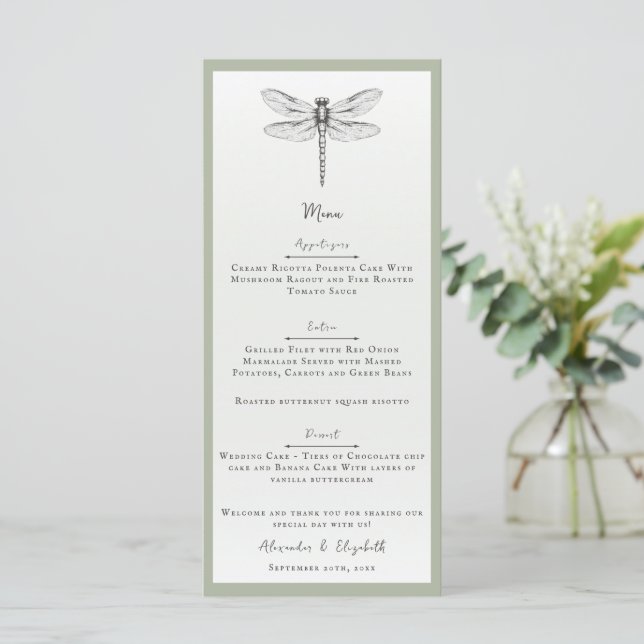 Menu Mariage de libellules de Sage Green (Debout devant)