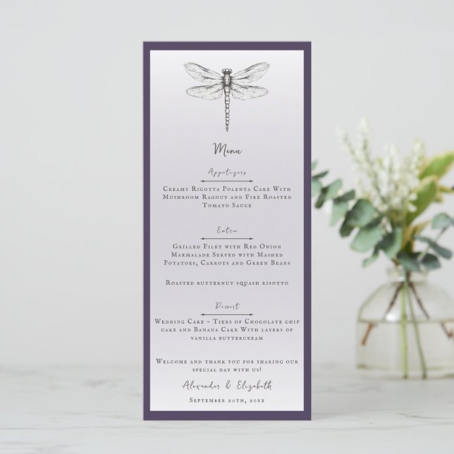 Menu Mariage de libellules violettes foncées (Debout devant)