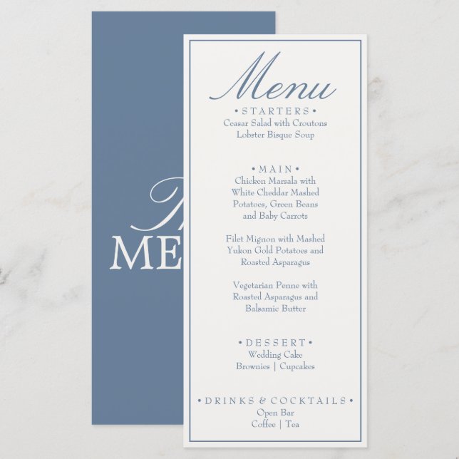 Menu Mariage de luxe bleu et blanc à l'ancienne (Devant / Derrière)