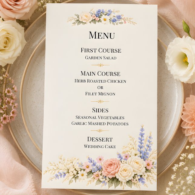 Menu Mariage de luxe dans une prairie de fleurs sauvage (Part of the luxury wildflower meadow wedding theme collection, menu card)