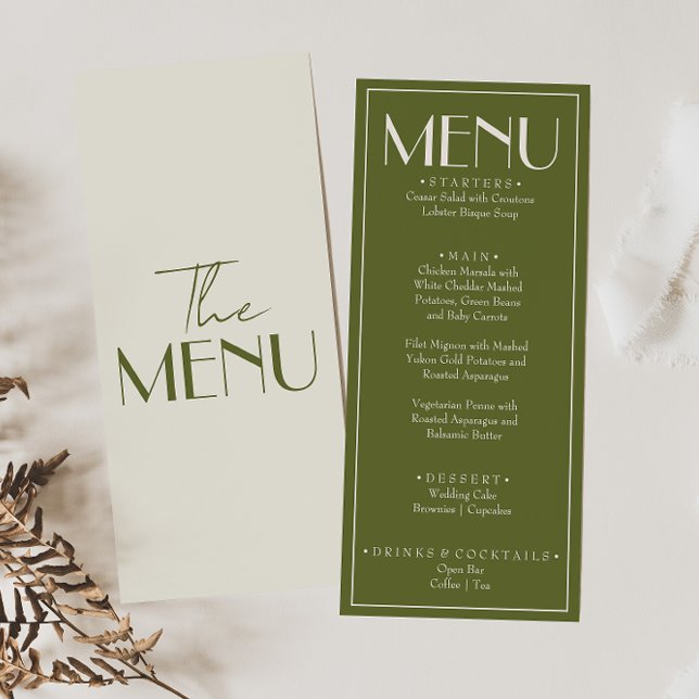 Menu Mariage de luxe rétro vert olive chic et élégant (Créateur téléchargé)