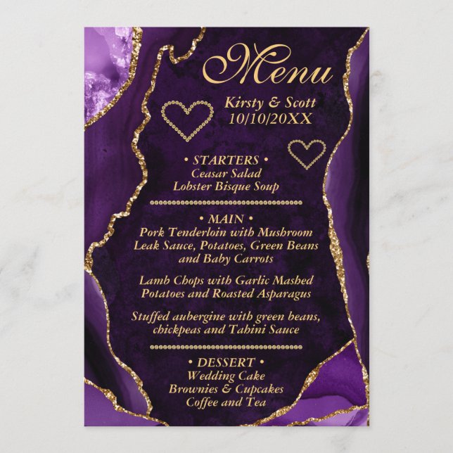 Menu Mariage de marbre d'agate pailleté de pourpre et d (Devant)