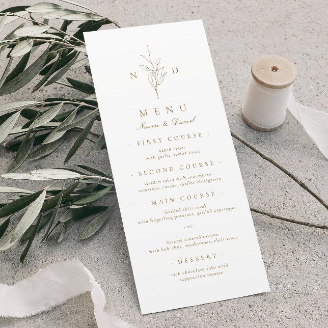 Menu Mariage de monogramme botanique simple or (Gold simple elegant botanical monogram wedding menu)