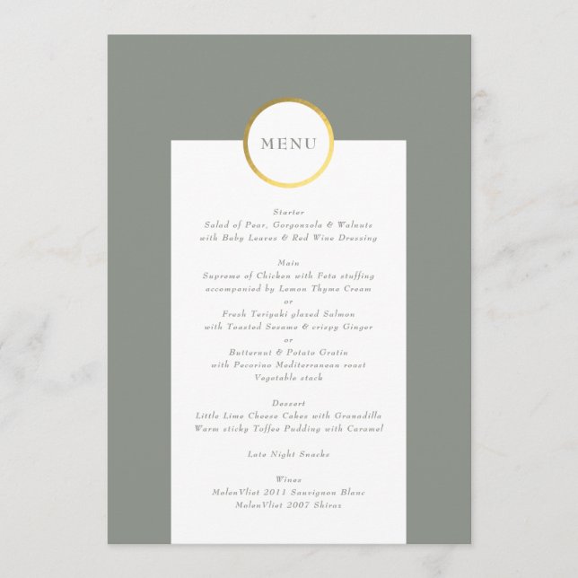 Menu Mariage de monogramme circulaire Sage Green et Gol (Devant)