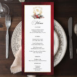 Menu Mariage de monogramme de crête florale de Noël cla<br><div class="desc">Un service de massage en chambre, une literie hypoallergénique et un service de réveil par téléphone sont disponibles sur demande. Ce modèle formel personnalisé comprend des champs de texte modifiables pour vos choix de menu, des graphiques de texte de calligraphie personnalisés et une bordure en or texturée. La bordure extérieure...</div>