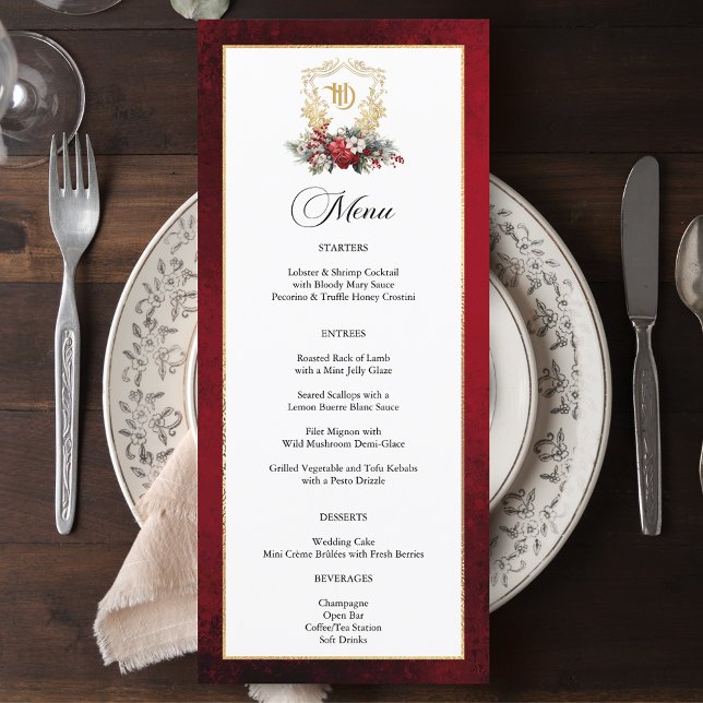 Menu Mariage de monogramme de crête florale de Noël cla (Créateur téléchargé)