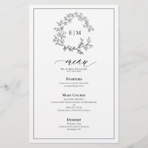 Menu Mariage de Monogramme de crête noire blanche