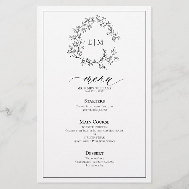 Menu Mariage de Monogramme de crête noire blanche (Devant)