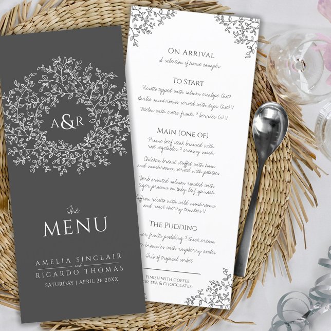 Menu Mariage de monogramme de dessin de feuille grise e (Créateur téléchargé)