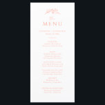 Menu Mariage de monogramme de pêche<br><div class="desc">Élevez votre réception avec notre carte de menu Mariage Peach Monogram. Avec un design simple et sophistiqué avec le monogramme et le fleur sauvage, cette carte de menu ajoute une touche de beauté intemporelle à votre paysage de table. Guidez vos invités à travers une expérience culinaire mémorable avec cette élégante...</div>