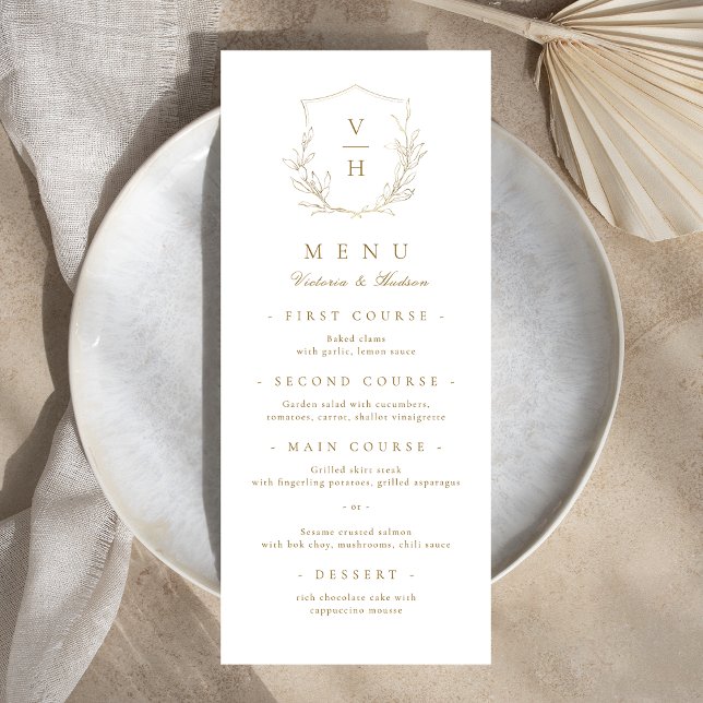 Menu Mariage de monogramme d'écusson botanique simple e (Gold simple botanical crest monogram wedding menu)