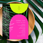 Menu Mariage de monogramme en feuilles de palmier en né<br><div class="desc">Arcs rose néon et jaune sur arrière - plan en feuilles de palmier foncé. Monogramme vertical au-dessus de l'arc jaune. Texte blanc sur arche rose avec feuille d'art en ligne blanche à gauche.</div>