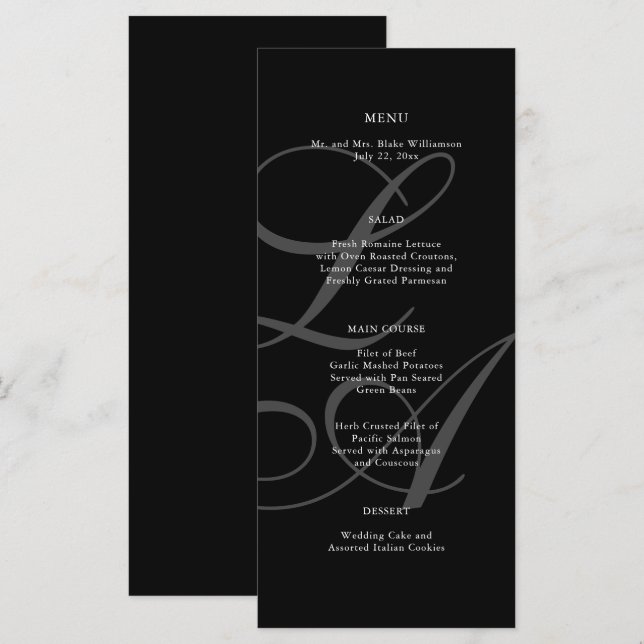 Menu Mariage de Monogramme noir et blanc romantiqu (Devant / Derrière)
