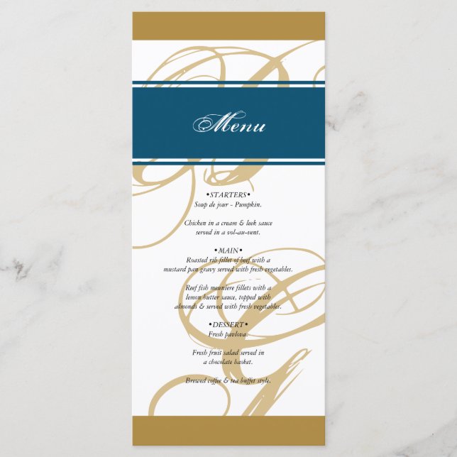 Menu Mariage de monogramme or Blue Elegant (Devant)