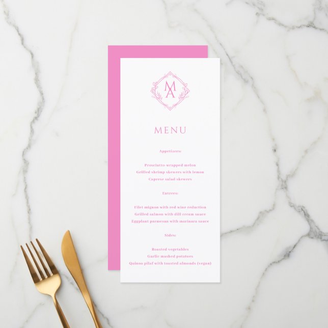 Menu Mariage de monogramme rose diamant (Devant/Arrière en situation)