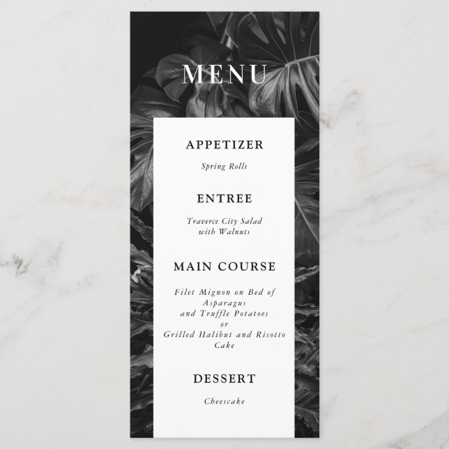 Menu Mariage de Monstera Tropicale Noir Blanc (Devant)