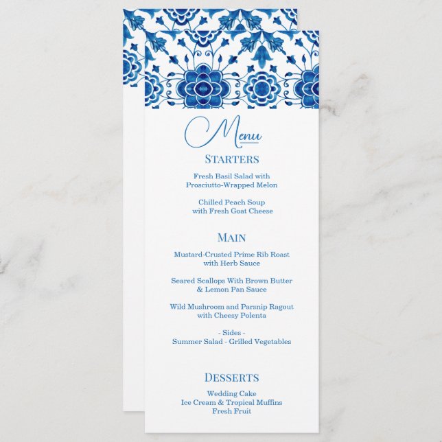 Menu Mariage de mosaïque bleu moderne été méditerranéen (Devant / Derrière)
