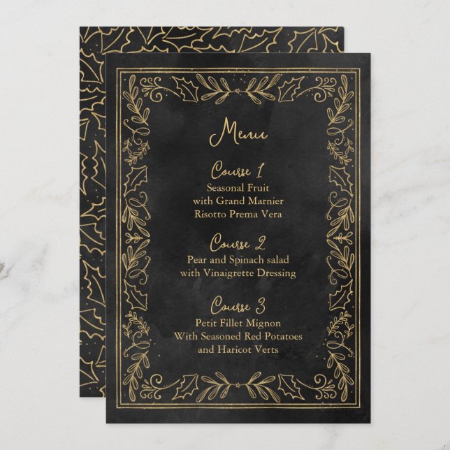 Menu Mariage de Noël Black Gold Holly Berry (Devant / Derrière)