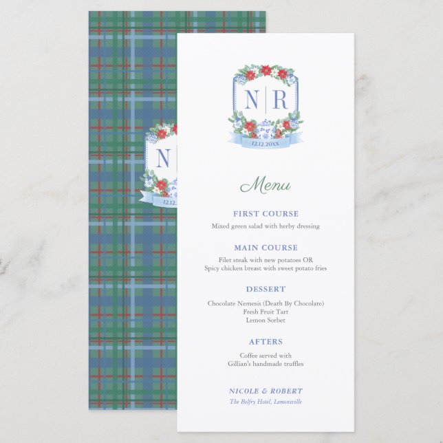 Menu Mariage de Noël Monogramme Noms des lieux individu (Devant / Derrière)