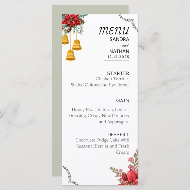 Menu mariage de Noël personnalisé (Devant / Derrière)