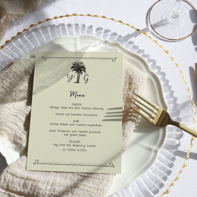 Menu Mariage de palmier Vintage monogramme (5x7 Wedding Menu - from my Vintage Palm Wedding Collection)