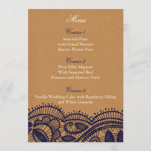 Menu Mariage de papier de la marine dentelle et kraft (Devant)