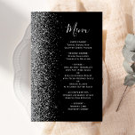 Menu Mariage de Parties scintillant argent noir bu<br><div class="desc">Le bord gauche de cet élégant menu mariage moderne présente une bordure de parties scintillant en faux argent. Le texte personnalisable combine écriture manuscrite gris argenté et polices cuivre sur un arrière - plan noir. L'envers présente un design de parties scintillant noir et argent assorti.</div>