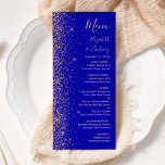 Menu Mariage de Parties scintillant d'or Royal Blue Ros<br><div class="desc">Le bord gauche de cet élégant menu mariage moderne présente un design rose en faux parties scintillant or. Le texte personnalisable combine écriture rose pâle,  cuivre et polices italiques sur un arrière - plan bleu royal. L'envers présente une parties scintillant en or bleu royal et rose assortie.</div>