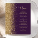 Menu Mariage de Parties scintillant d'or violet bu<br><div class="desc">Le bord gauche de cet élégant menu mariage moderne présente une bordure de parties scintillant en faux or. Le texte personnalisable combine un script d'écriture fantaisiste couleur or et des polices de caractères sur un arrière - plan violet. L'envers présente une parties scintillant violet et dorée assortie.</div>