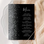 Menu Mariage de Parties scintillant en argent noir mode<br><div class="desc">Le bord gauche de cet élégant menu mariage moderne présente une bordure de parties scintillant en faux argent. Le texte personnalisable combine un script d'écriture blanc gris argenté et des polices copiées sur un arrière - plan noir. L'envers présente un design de parties scintillant noir et argent assorti.</div>