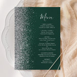 Menu Mariage de Parties scintillant en argent vert émer<br><div class="desc">Le bord gauche de cet élégant menu mariage moderne présente une bordure de parties scintillant en faux argent. Le texte personnalisable combine un script d'écriture blanc gris argenté et des polices de cuivre sur un arrière - plan vert émeraude foncé. L'envers présente une parties scintillant verte et argentée assortie.</div>
