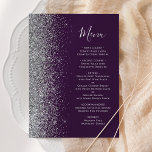 Menu Mariage de Parties scintillant en argent violet fo<br><div class="desc">Le bord gauche de cet élégant menu mariage moderne présente une bordure de parties scintillant en faux argent. Le texte personnalisable combine un script d'écriture blanc gris argenté et des polices de cuivre sur un arrière - plan violet foncé. L'envers présente une parties scintillant violette et argentée assortie.</div>