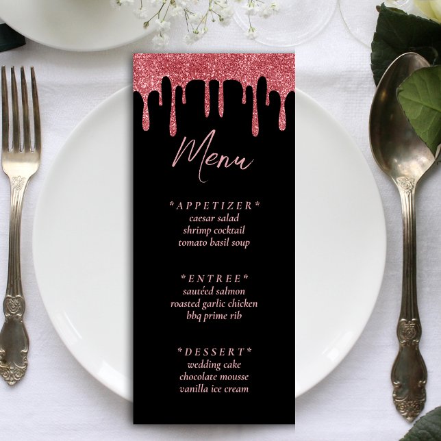 Menu Mariage de Parties scintillant en or rose et noir (Black & Pink Rose Gold Glitter Drip Wedding Menu)