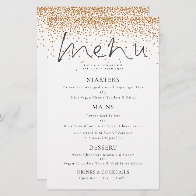 Menu Mariage de Parties scintillant Gold Script él (Devant / Derrière)