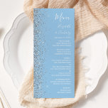 Menu Mariage de Parties scintillant moderne Pastel Bleu<br><div class="desc">Le bord gauche de cet élégant menu mariage moderne présente un style de parties scintillant en faux argent. Le texte personnalisable combine écriture blanche,  copperplate et polices italiques sur un arrière - plan bleu bébé pastel. L'envers est assorti d'une parties scintillant bleu bébé et argent.</div>