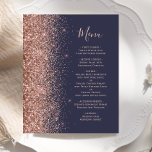Menu Mariage de Parties scintillant or Rose bleu f<br><div class="desc">Le bord gauche de cet élégant menu mariage moderne présente une bordure rose en faux parties scintillant or. Le texte personnalisable combine un script d'écriture manuscrite rose rose et des polices de caractères sur un arrière - plan bleu foncé. L'envers est assorti d'une parties scintillant en or bleu foncé et...</div>
