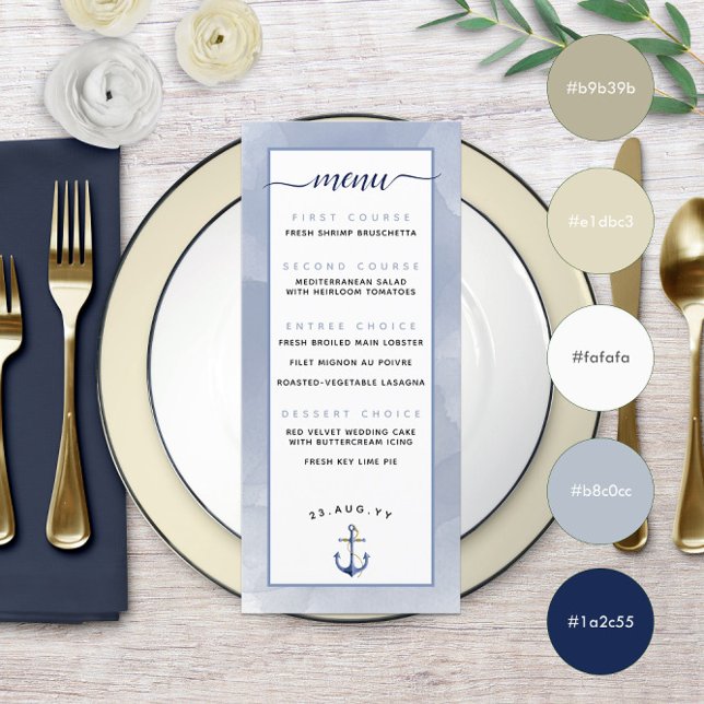 Menu 🌊Mariage de plage à l'aquarelle Bleu Poussiéreux  (🌊Muted Dusty Blue Even \ Watercolor Beach Wedding Menu
)